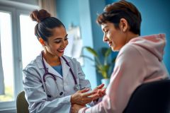 Doctor examining patient's hand, healthcare setting. Female doctor in white coat with stethoscope, checking patient's hand. Focus on medical examination and care.