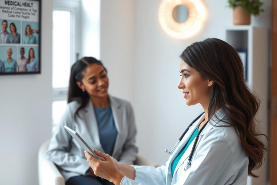 Doctor consults with a patient in a modern office setting. Healthcare professional in white coat, stethoscope, discussing health concerns. Bright, clean environment with natural light. Medical consultation, patient care.