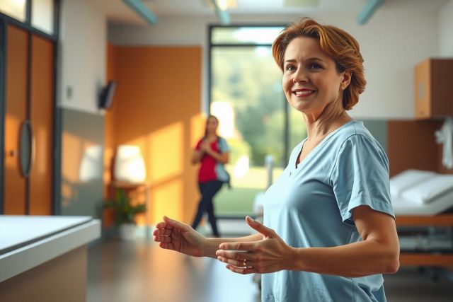 The image portrays a hospital setting featuring a woman who appears to be a nurse. She is dressed in professional attire typically associated with nurses, including scrubs and a badge that may indicate her role within the medical facility.