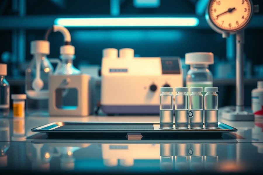 Laboratory setting with test tubes on a tray. Scientific equipment and glassware are visible in the background. The image highlights research, analysis, and a sterile environment.