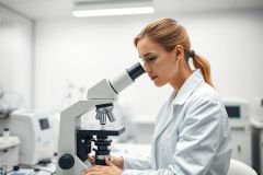 Scientist in a lab examining a sample through a microscope. The image features a woman in a white lab coat, set against a clean, modern laboratory background with white walls and equipment. Focus is on scientific research and medical analysis.