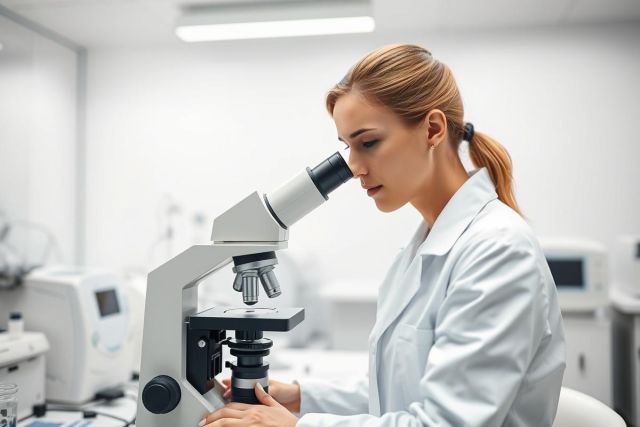 Scientist in a lab examining a sample through a microscope. The image features a woman in a white lab coat, set against a clean, modern laboratory background with white walls and equipment. Focus is on scientific research and medical analysis.