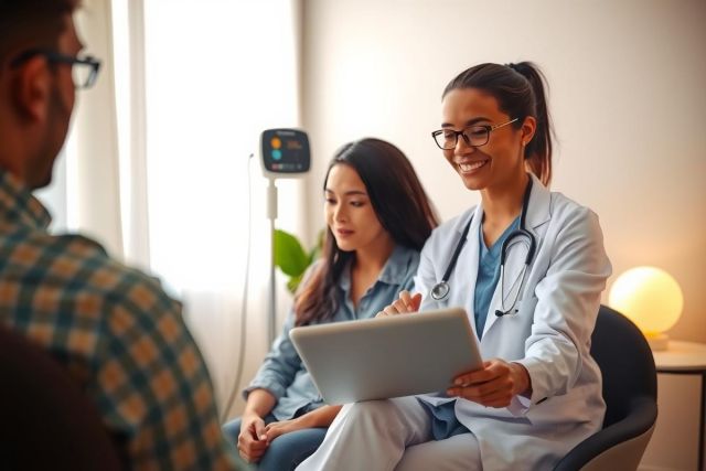 Doctor examining a patient, holding a tablet, in a medical office setting. Warm lighting and a professional atmosphere create a comfortable environment for the consultation.