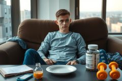 The image depicts a young man sitting on a sofa in a modern indoor setting. He is wearing a casual grey long-sleeved shirt and jeans, looking directly at the camera with a neutral expression. On the coffee table in front of him are various items including a bottle of orange juice, vitamins, a plate, and a glass.
