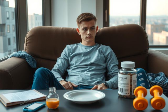 The image depicts a young man sitting on a sofa in a modern indoor setting. He is wearing a casual grey long-sleeved shirt and jeans, looking directly at the camera with a neutral expression. On the coffee table in front of him are various items including a bottle of orange juice, vitamins, a plate, and a glass.