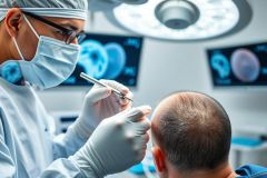 Hair transplant procedure in a modern clinic. A surgeon wearing a mask and gloves uses a tool on a patient's scalp. Bright, sterile environment with medical monitors displaying hair follicle imagery. Focus on precision and medical care.