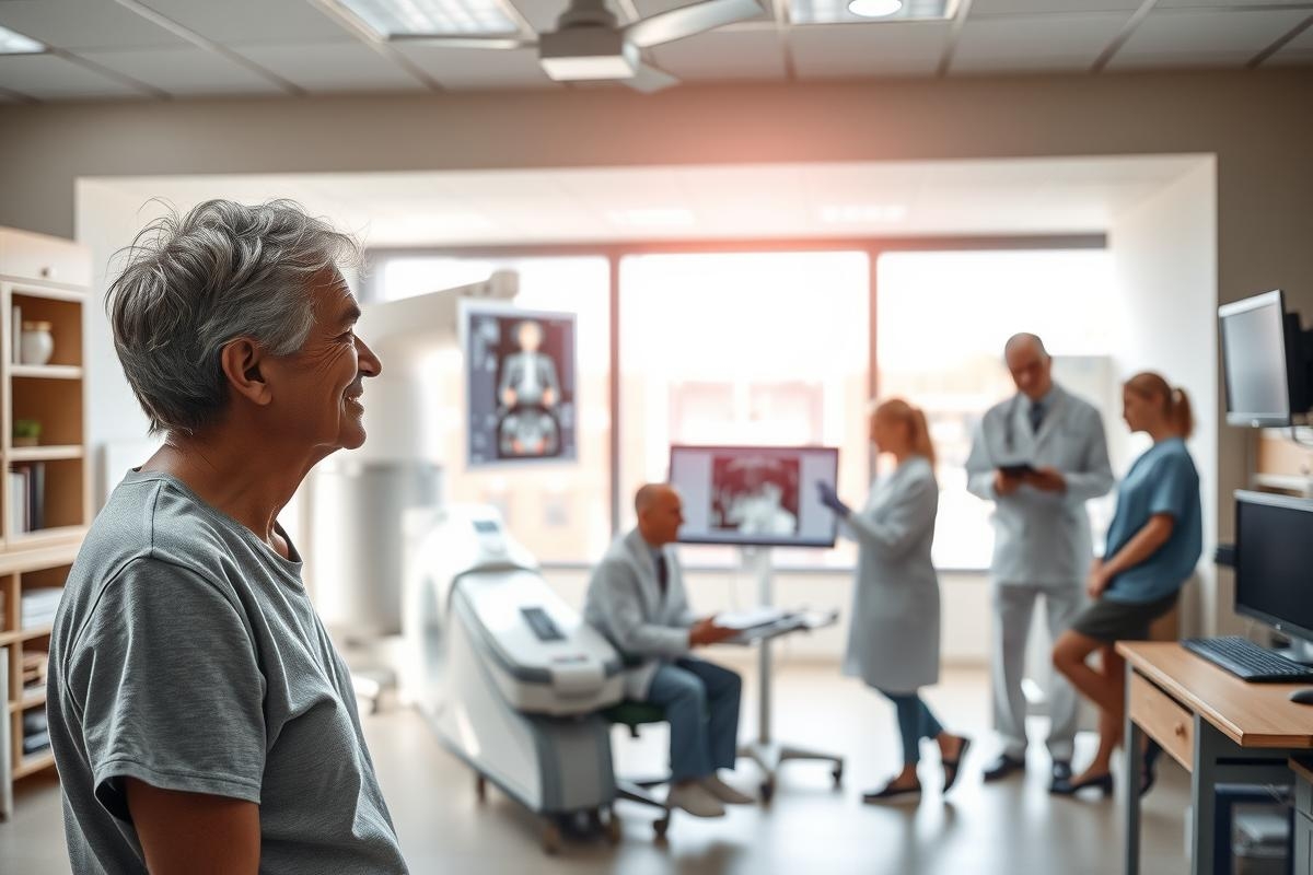 The image shows an active medical setting with a central figure, possibly a patient or staff member, surrounded by healthcare professionals. The room is well-equipped with modern technology and diagnostic equipment, indicating a modern medical facility.
