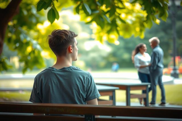 A young man sitting alone on a park bench, looking forward with a contemplative expression. The setting is outdoors in the daytime with lush green trees and other people enjoying the park. His casual attire suggests a relaxed atmosphere.