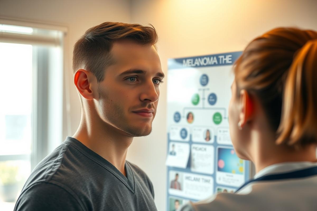 In the image, a young man is in a medical examination room. He appears to be having a medical consultation with a female healthcare professional. Both are facing each other, suggesting an interaction that might involve a patient's report or medical history being discussed.