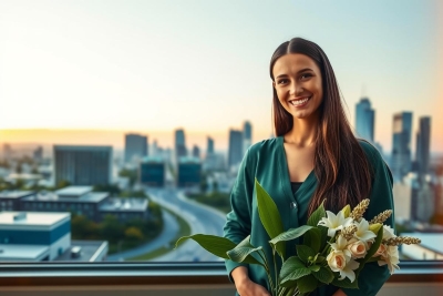 A young woman is seated on a balcony overlooking a cityscape at sunset. She holds flowers and wears a green top, smiling towards the camera.