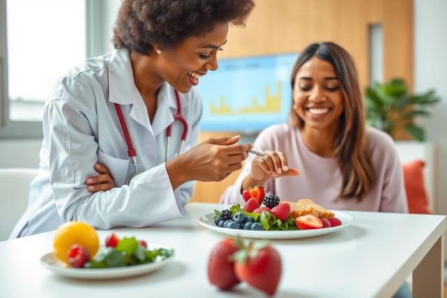 A healthcare professional examines a fruit plate with a patient. The scene showcases healthy eating and nutrition consultation, featuring berries, melon, and other fruits on a white table in a bright room.