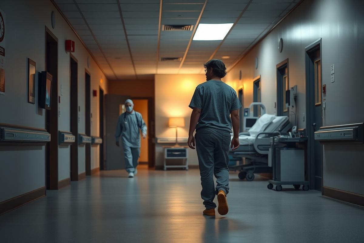 The image depicts a hospital setting with two medical staff. One person is wearing a white lab coat and walking towards the camera, while the other is dressed in dark clothing and is walking away from the camera. The environment includes a patient's room with medical equipment such as monitors visible on one side.