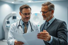 Doctor and patient reviewing medical documents in a modern hospital setting. Focus on healthcare consultation, diagnosis, and medical imaging equipment in a blue-toned environment. Professional medical discussion.