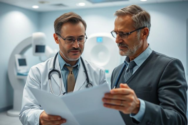 Doctor and patient reviewing medical documents in a modern hospital setting. Focus on healthcare consultation, diagnosis, and medical imaging equipment in a blue-toned environment. Professional medical discussion.