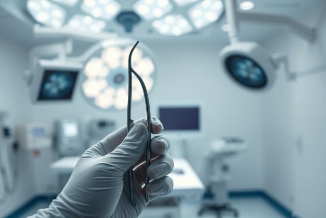 Surgical tools in a sterile operating room. A gloved hand holds forceps under bright, modern surgical lighting. The scene depicts a clean, blue-toned medical environment, suggestive of a surgical procedure or medical equipment.