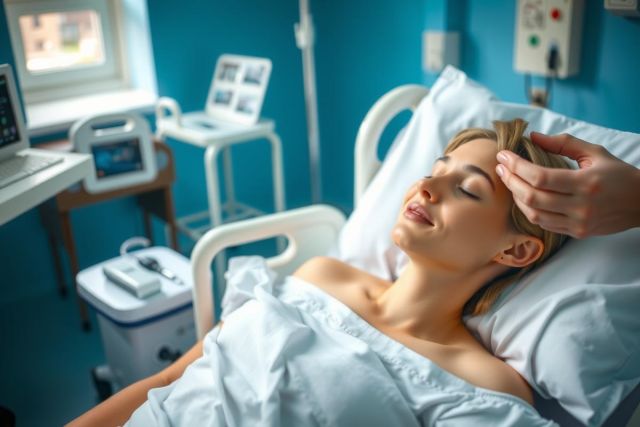 The image shows a healthcare facility with a female patient lying in a hospital bed. A healthcare worker is examining the patient, and nearby is a device monitoring her vital signs. The atmosphere feels clinical and sterile.