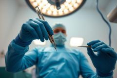 Surgeon in blue coat and mask holding a surgical instrument in operating room. Close-up highlighting sterile environment and precision.