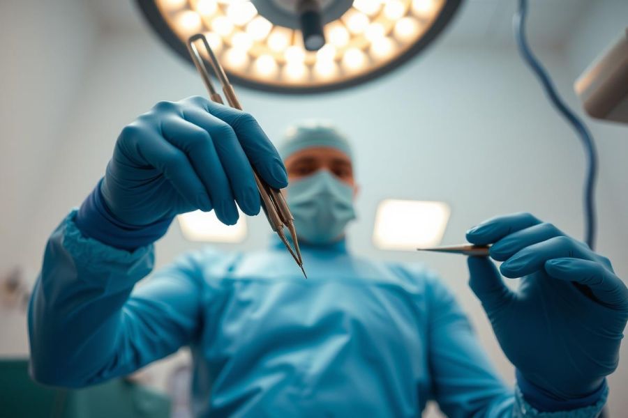 Surgeon in blue coat and mask holding a surgical instrument in operating room. Close-up highlighting sterile environment and precision.