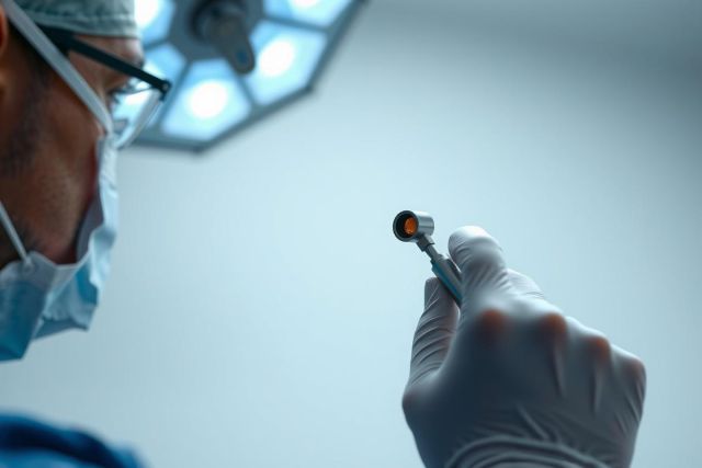 Surgeon holding surgical instrument in operating room. Close-up view with bright lights and sterile environment. Medical professional wearing mask and gloves.