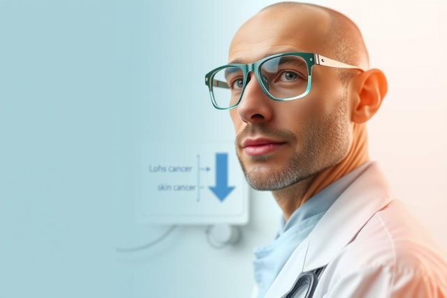 The image is a color photograph featuring a man who appears to be a medical professional, as suggested by his white coat and the stethoscope around his neck. He has a short beard, wears glasses, and his gaze is directed slightly away from the camera.