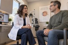 Ophthalmologist in white coat consulting a seated patient in a bright exam room.