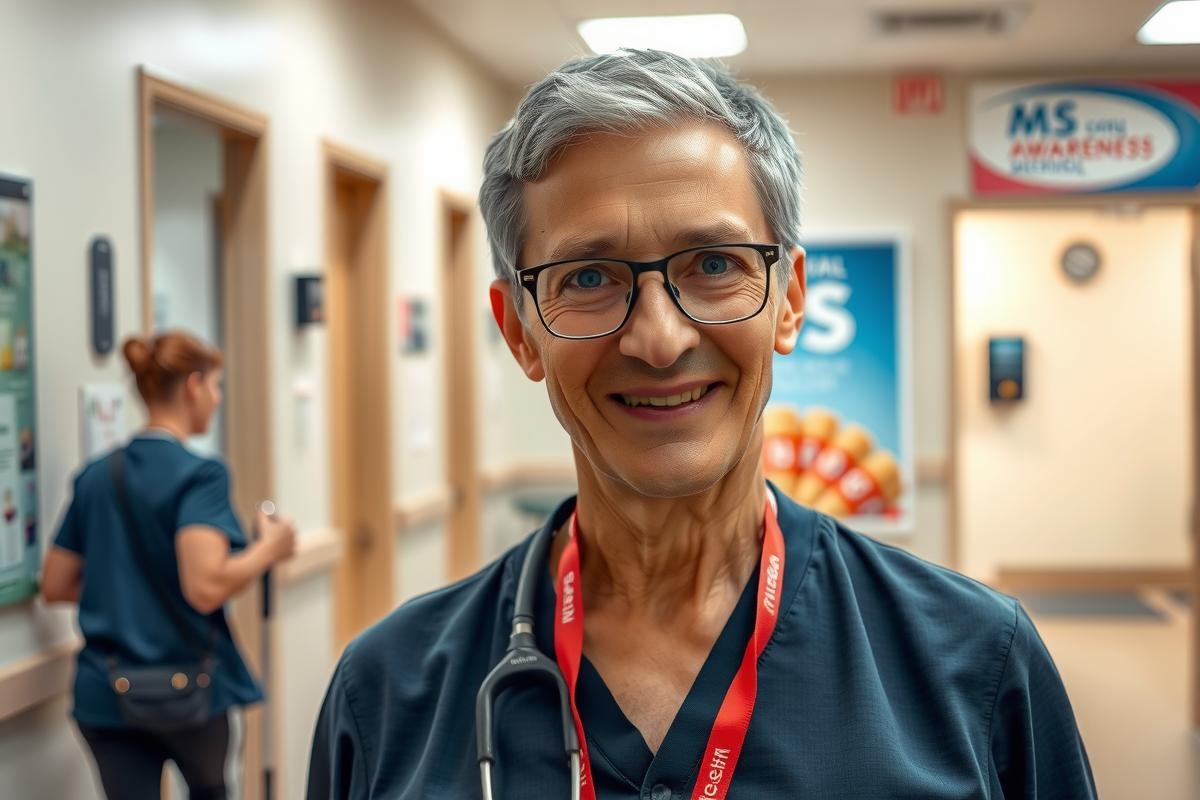 The image shows a medical facility interior, likely an emergency room. A person, presumably a medical professional due to attire, is standing in the foreground with a friendly expression on their face.