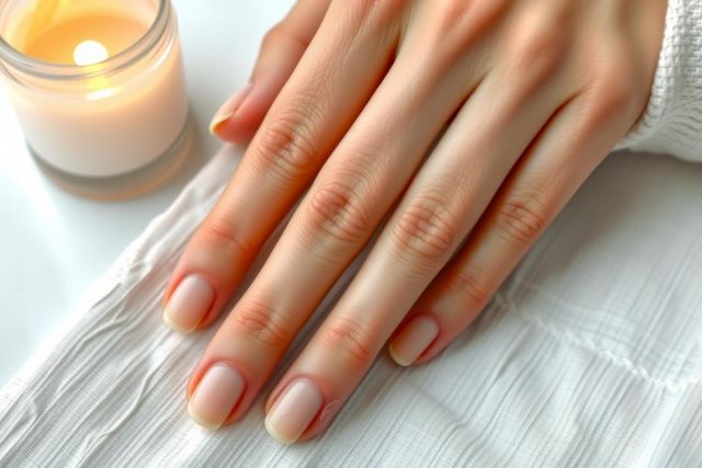 Close-up of manicured hands resting on a white linen cloth with a lit candle in the background, creating a spa-like atmosphere. Focus on clean nails and soft lighting.