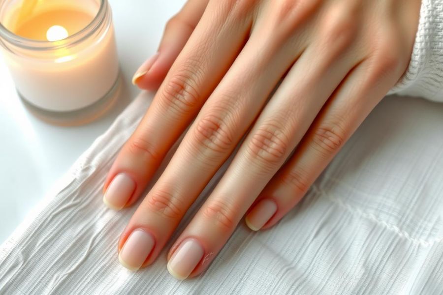 Close-up of manicured hands resting on a white linen cloth with a lit candle in the background, creating a spa-like atmosphere. Focus on clean nails and soft lighting.