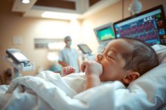 Newborn baby peacefully sleeping in a hospital bed, monitored by medical equipment. Soft lighting and a calm atmosphere create a comforting scene. Focus on health, care, and new life.