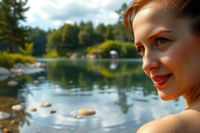 In the image, a woman is standing at the edge of a serene lake, enjoying the view. She is looking towards the camera with a gentle smile on her face. The lake is surrounded by lush greenery and trees, suggesting a tranquil environment.