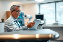 A male doctor in a white coat examines a medical report in a modern hospital or clinic setting. Focus on healthcare, diagnostics, and medical professionals.