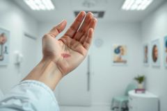 Close-up of a hand with a red mark on the palm, likely indicating a skin reaction or allergy test. The background shows a sterile, clinical environment with portraits on the wall, suggesting a doctor's office or dermatology clinic. Predominant colors are white, gray, and pink.