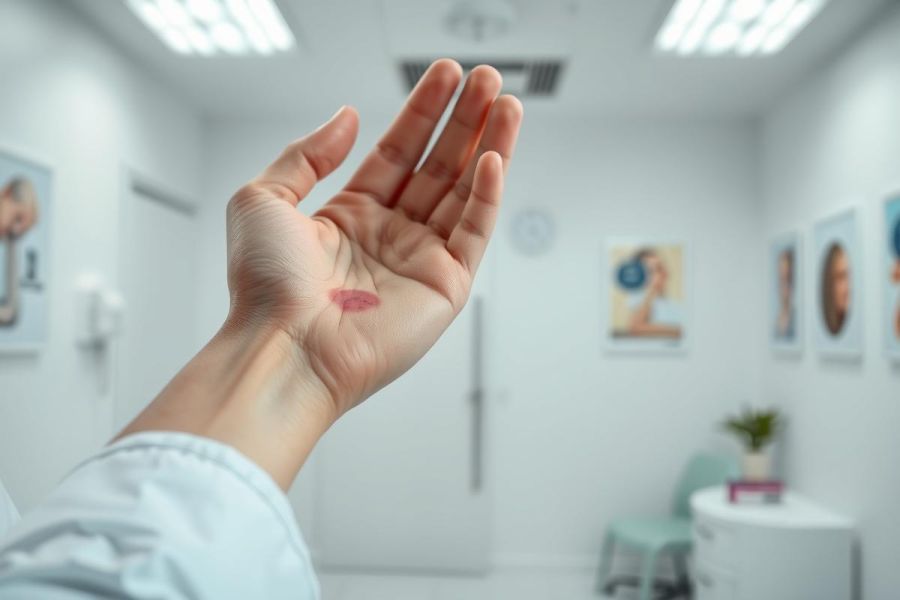 Close-up of a hand with a red mark on the palm, likely indicating a skin reaction or allergy test. The background shows a sterile, clinical environment with portraits on the wall, suggesting a doctor's office or dermatology clinic. Predominant colors are white, gray, and pink.