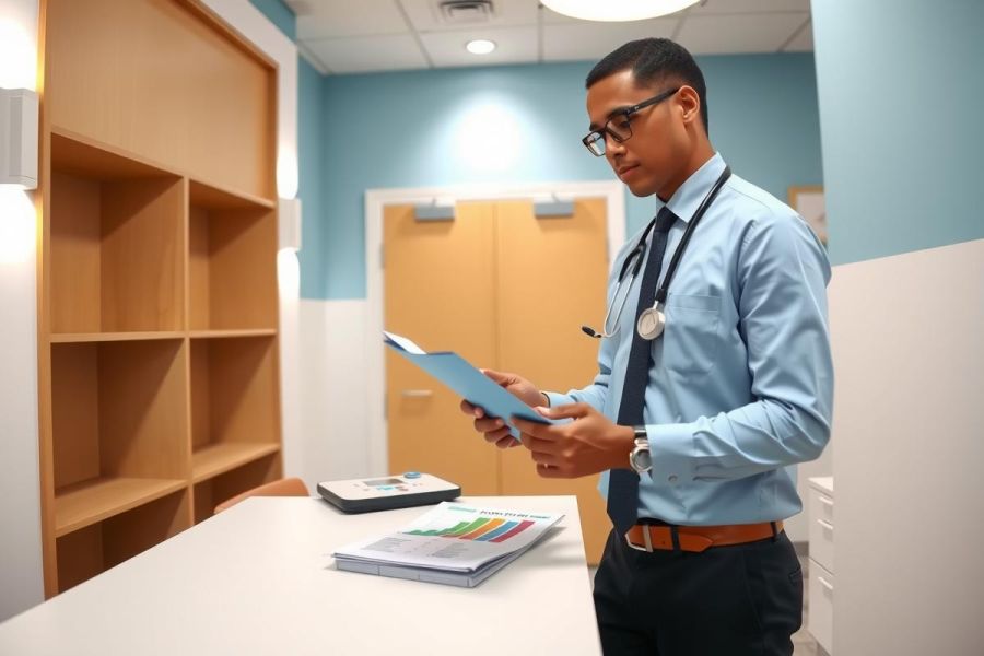 A male doctor in a blue shirt and tie examines a patient's chart in a brightly lit medical office. The room features a chart rack and a wooden door.