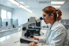 Scientist using a microscope in a bright, modern laboratory. The woman in a white lab coat is focused on research, surrounded by lab equipment. A clean, professional science setting with white and gray tones.