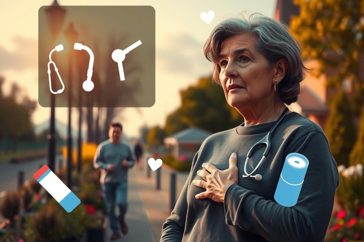 The image shows a woman standing outdoors with trees and greenery in the background. She appears to be wearing a grey top and is looking directly at the camera. There are various medical and health-related icons superimposed on the image, including a stethoscope, a syringe, a pill bottle, and a doctor's hand with a clipboard. The woman might be involved in a healthcare context or the scene could represent wellness activities. The color palette is naturalistic with earth tones dominating the background.