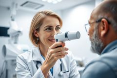 Doctor examining patient's eye in a bright, modern clinic. A female ophthalmologist uses a diagnostic tool during an eye exam. Focus on healthcare, vision care, and medical checkups. White and blue tones dominate the scene.