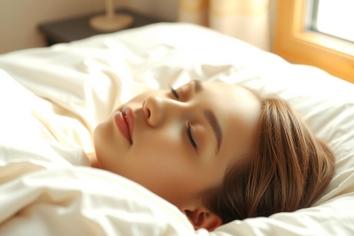 The image shows a person lying down on a bed, seemingly asleep or resting. The individual appears calm and relaxed with their eyes closed. The environment is softly lit, possibly from a window to the left, which suggests an indoor setting, likely in a bedroom. The colors are subdued, with muted tones that contribute to a serene atmosphere. The context of the image is peaceful and restful, evoking a sense of tranquility.