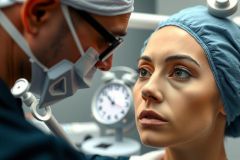 The image portrays a medical setting with a surgeon performing facial surgery on a patient. Two doctors are wearing scrubs and face masks, indicating a sterile operating environment. The patient is lying down with their head slightly turned to the side. Various medical instruments and equipment are visible around them, such as a syringe near the patient's hand. The lighting is clinical and focused on illuminating the surgical area.