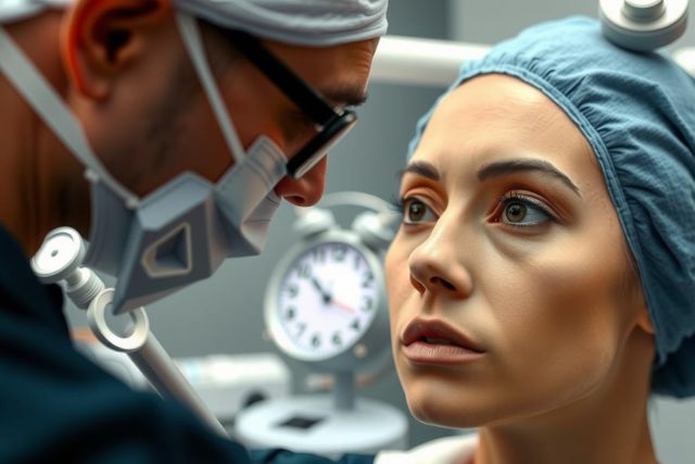 The image portrays a medical setting with a surgeon performing facial surgery on a patient. Two doctors are wearing scrubs and face masks, indicating a sterile operating environment. The patient is lying down with their head slightly turned to the side. Various medical instruments and equipment are visible around them, such as a syringe near the patient's hand. The lighting is clinical and focused on illuminating the surgical area.
