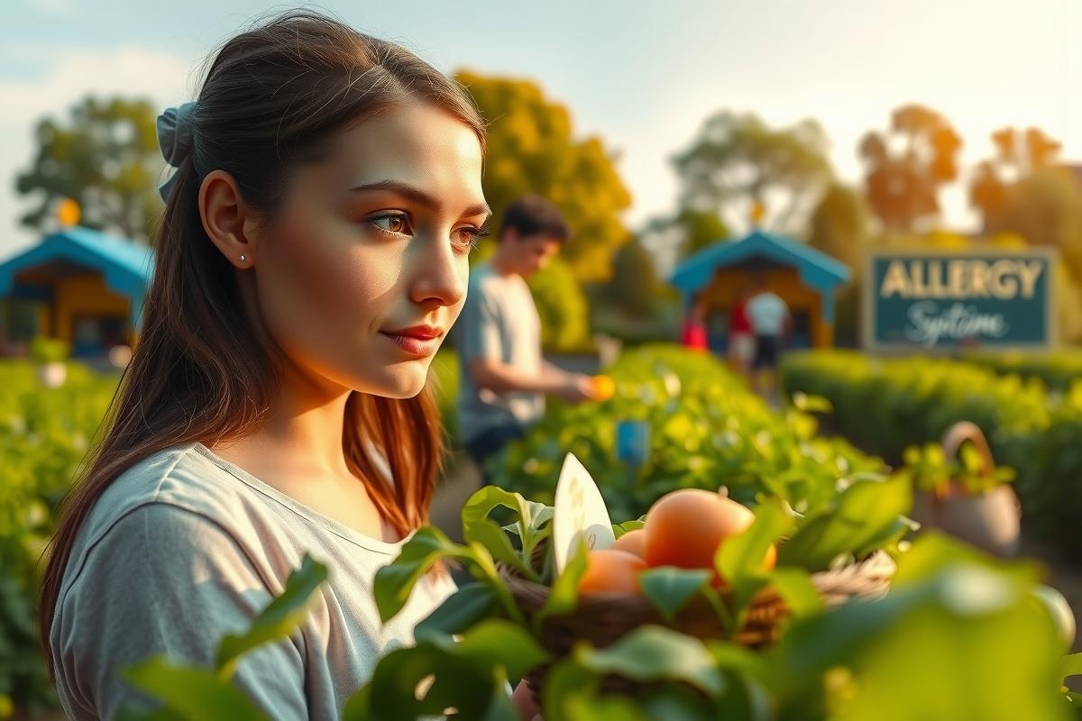 A woman stands in a lush green garden with vibrant plants and flowers. She is smiling and looking off to the side, exuding a sense of contentment as she enjoys her surroundings.
