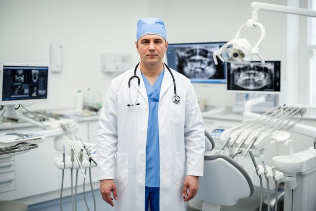 Oral surgeon in scrubs and white coat standing in a dental surgery room with panoramic jaw X‑rays on monitors.
