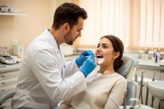 Dentist in gloves examines a teenage patient's braces while she reclines in a bright orthodontic treatment room.