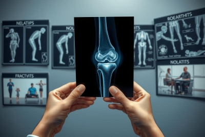 The image depicts a medical scenario with a focus on an X-ray of a knee joint, indicating the presence of osteoarthritis. The hands holding the X-ray are part of a larger context that includes informative posters and diagrams about knee health in an educational or professional setting.