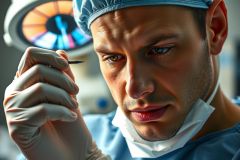 Surgeon in scrubs and gloves examines a tool, likely in an operating room setting. Focus is on hands and facial expression, suggesting precision and focus. Medical professional, healthcare, surgery.