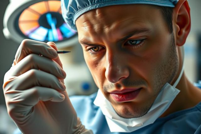 Surgeon in scrubs and gloves examines a tool, likely in an operating room setting. Focus is on hands and facial expression, suggesting precision and focus. Medical professional, healthcare, surgery.