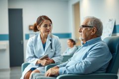 Healthcare scene: A doctor in a white coat consults with an elderly male patient in a modern, bright waiting room. Blue accents and a clean, clinical environment suggest a medical facility. Focus on patient care and senior health.