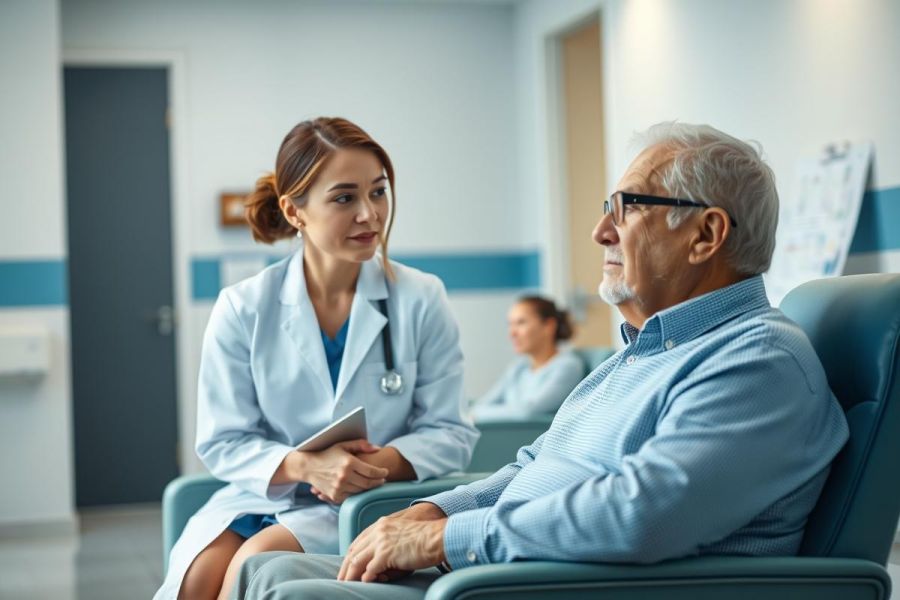 Healthcare scene: A doctor in a white coat consults with an elderly male patient in a modern, bright waiting room. Blue accents and a clean, clinical environment suggest a medical facility. Focus on patient care and senior health.