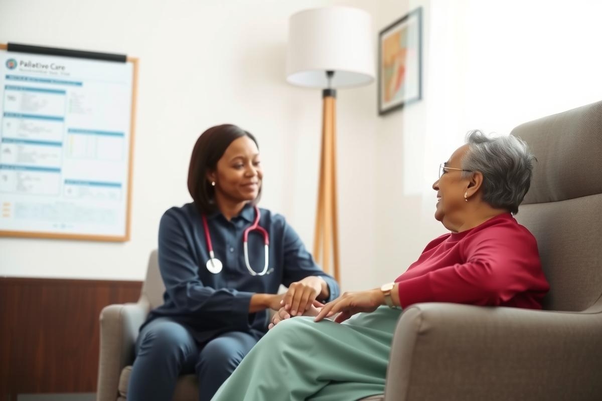 A healthcare worker in scrubs sits and talks with a senior woman in a comfortable living room setting. The image conveys care, compassion, and possibly a medical consultation or support visit.