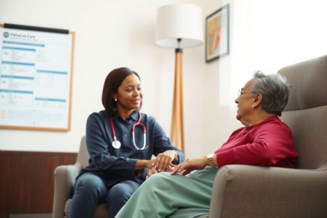 A healthcare worker in scrubs sits and talks with a senior woman in a comfortable living room setting. The image conveys care, compassion, and possibly a medical consultation or support visit.